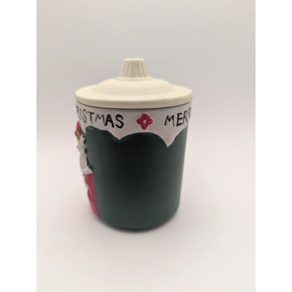 Vtg Christmas Dolgencorp Santa Candle Green Ceramic Jar with Lid Merry Christmas